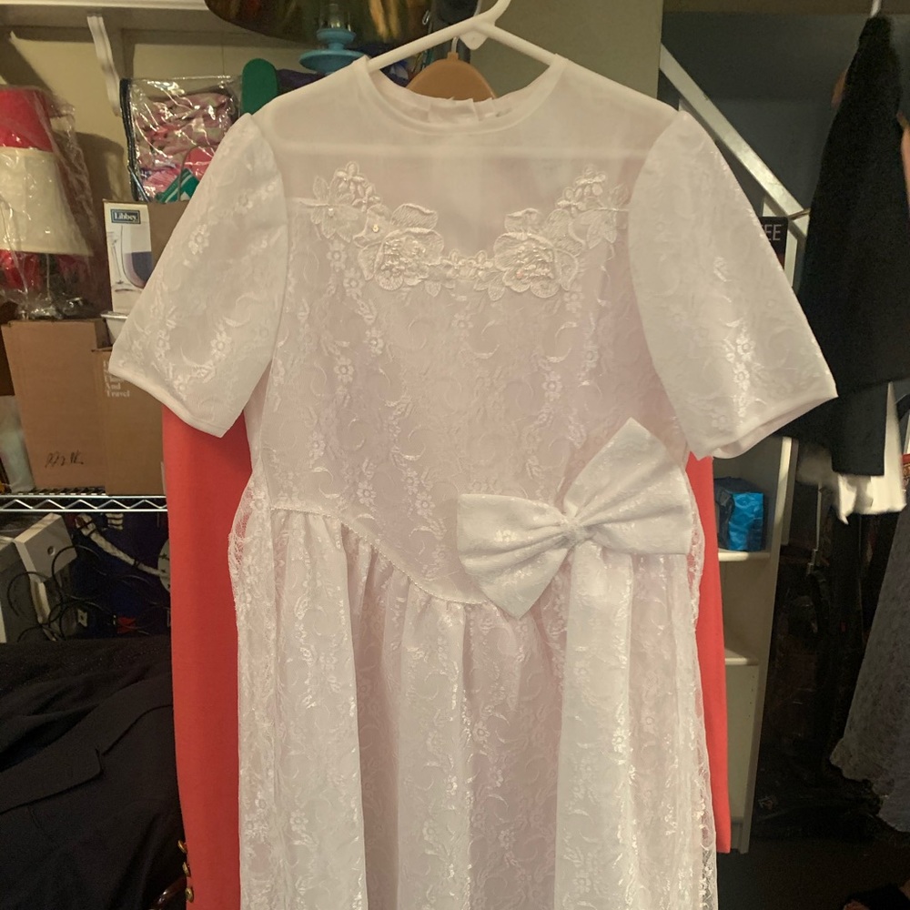 Girls white dress with sequin/ floral lace detail
